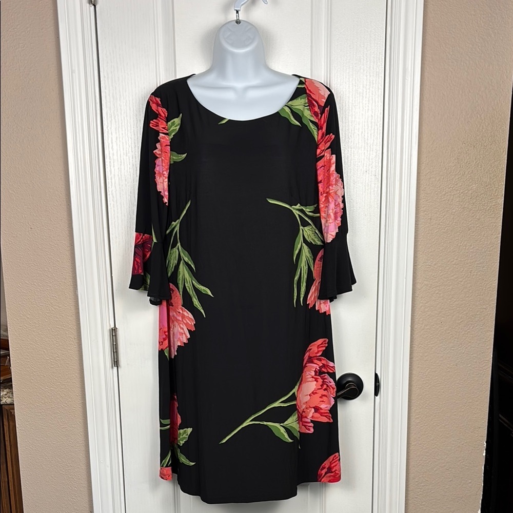 AK‎ Ann Klein Women's Floral Black Dress with Pink and Green Accents Size M